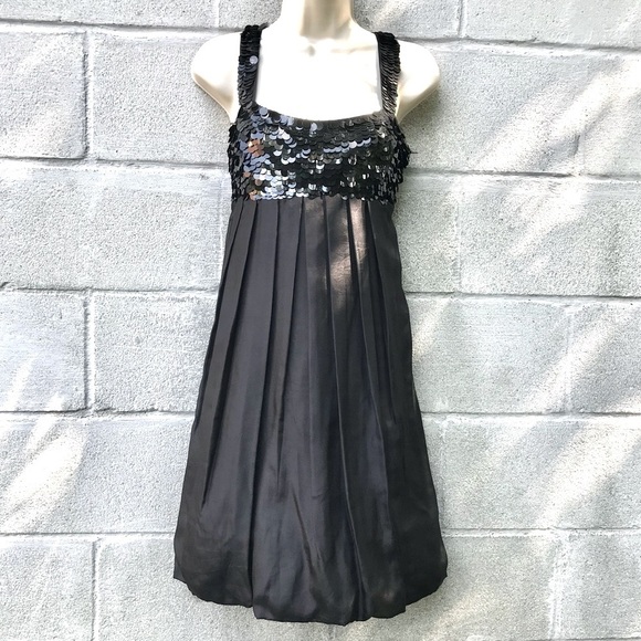 HANNAH JO Bubble Hem Silk Dress L Black Sequin Top Babydoll Size Large - Picture 10 of 15